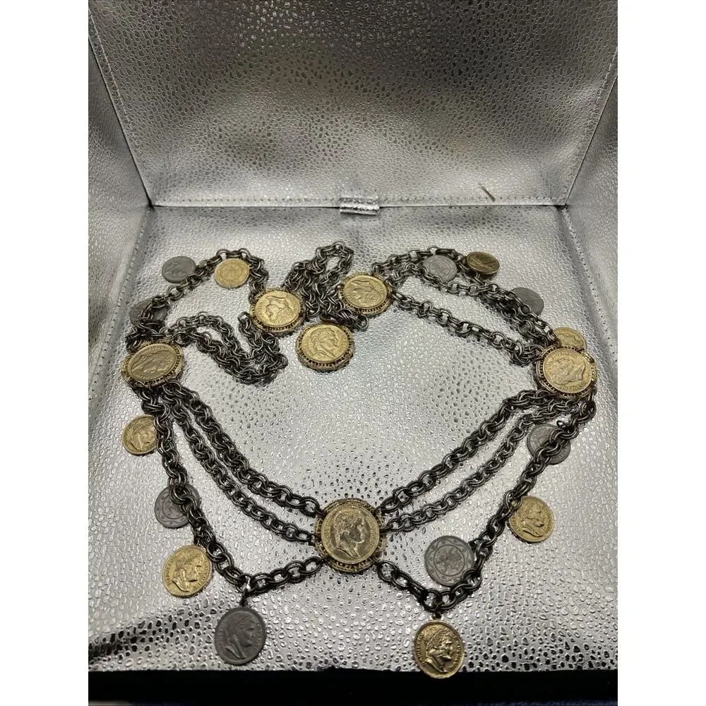 Vtg 1960s Napoleon III Coin Festoon Necklace Multi Strand Revival Runway Piece